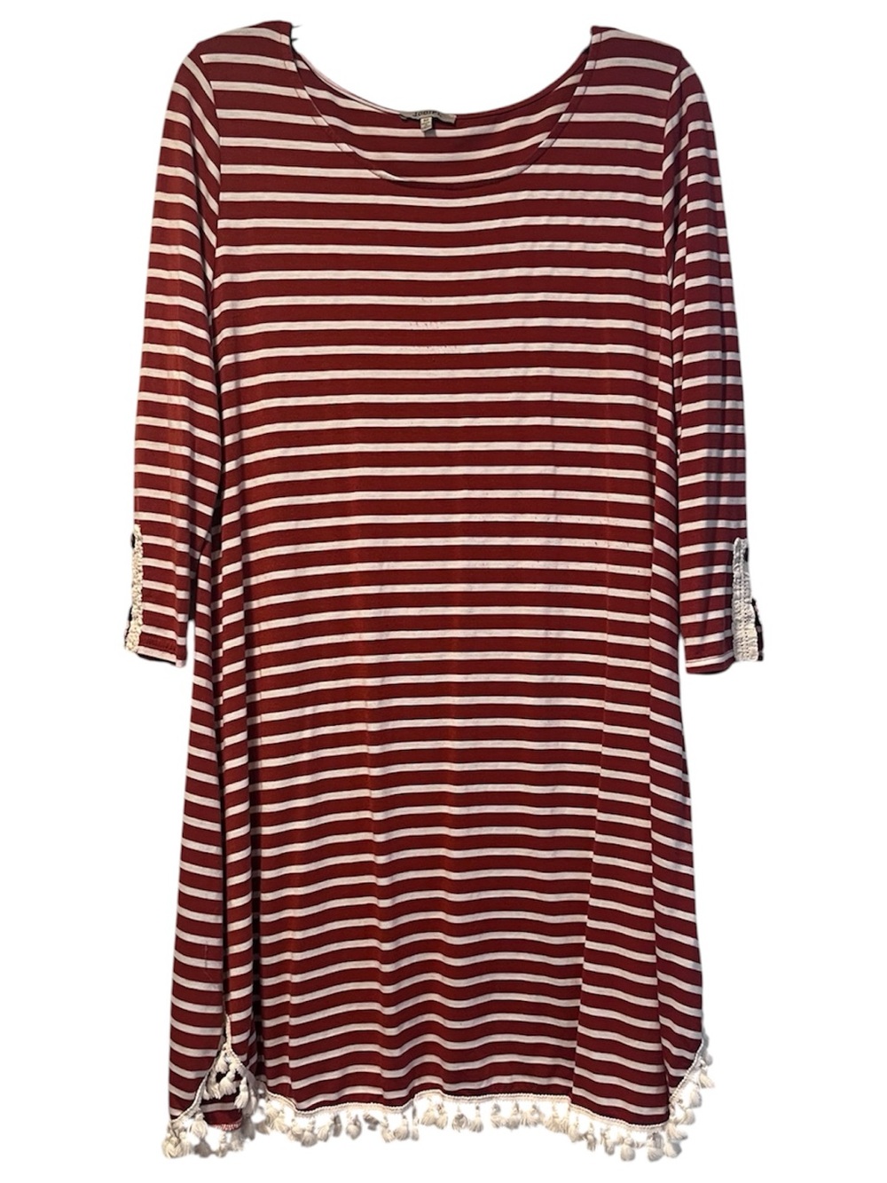 Jodifl Medium Striped Tassel Hem Tunic Dress Boho 3/4 Sleeve